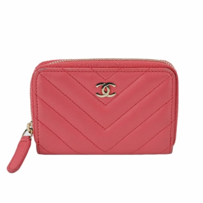 財布:シャネル ピンクのミニウォレット コインケース シェブロン Vステッチ CHANEL/シャネル