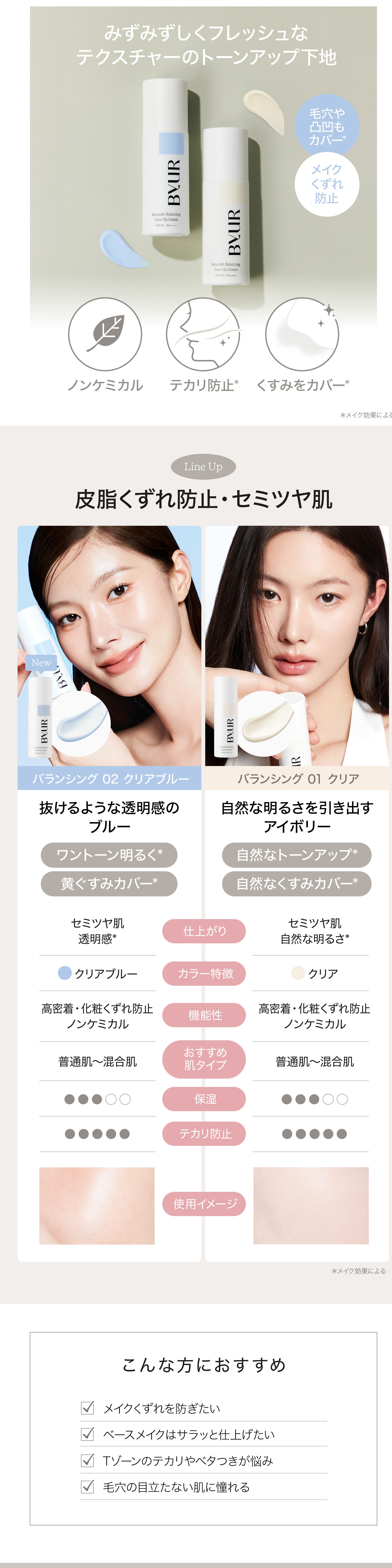 ByUR セラムフィット バランシング トーンアップクリーム 02 クリアブルーとクリアの比較